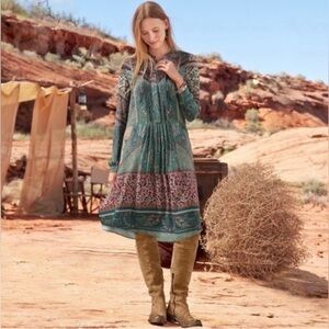 Sundance Paisley Patchwork Boho Dress Long Sleeve Floral Midi Size S.